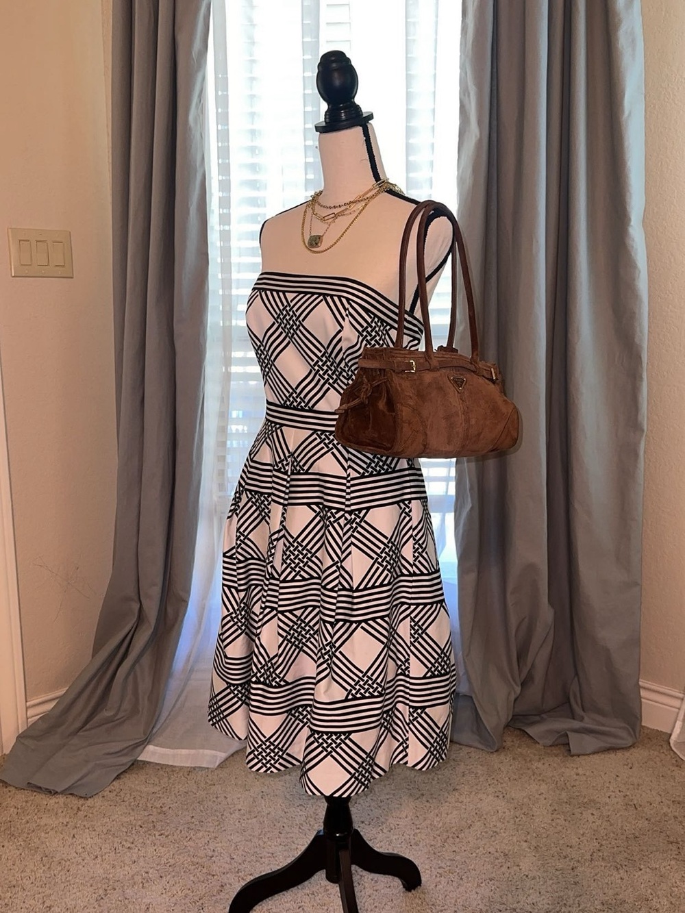 Strapless Black and White Printed Midi Dress